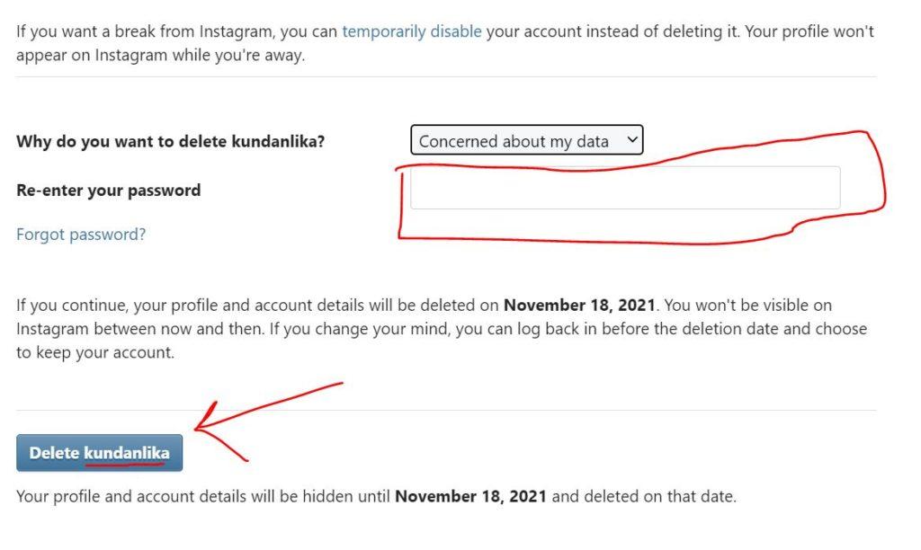 instagram delete account